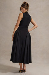 Black High-Neck Volume-Skirt Midi Dress